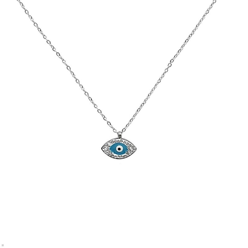 Κολιέ με ματάκι - bijouxbijoux Κοντό ασημί κολιέ με γαλάζιο ματάκι, διακοσμημένο με λευκά στρας. Είναι κατασκευασμένο από ανοξείδωτο ατσάλι. Δεν μαυρίζει και δεν προκαλεί αλλεργίες. Μήκος : 39cm Επέκταση :4cm