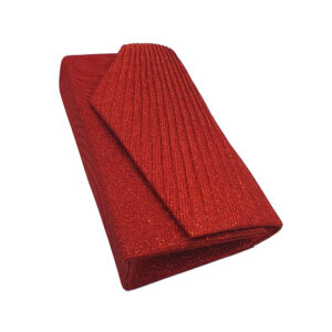 Red glittery scarf rolled up for display.