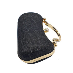 Black glitter clutch with a gold-tone frame and crystal-embellished clasp