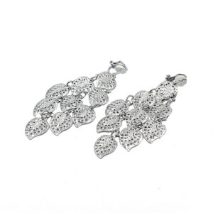 Silver-tone drop earrings with multiple hollow leaf charms adorned with small stones for a pavé look.