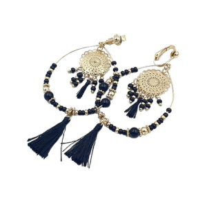 Gold-tone hoop earrings with navy beads, filigree discs, and navy tassel charms