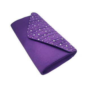 Purple satin clutch purse with a bejeweled, rhinestone-studded flap folded over the top.