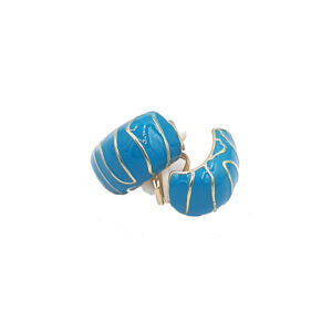 Blue enamel crescent hoop earrings with gold vein accents, facing each other.