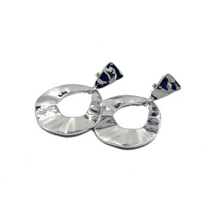 Pair of silver hammered hoop earrings with blue enamel trapezoid studs in top mounts?