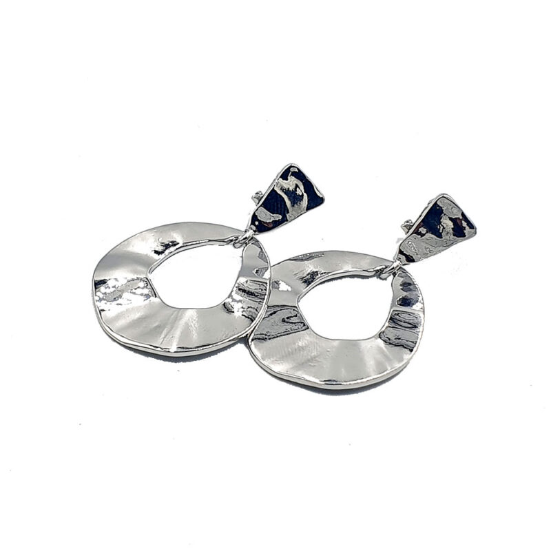 Pair of silver hammered hoop earrings with blue enamel trapezoid studs in top mounts?