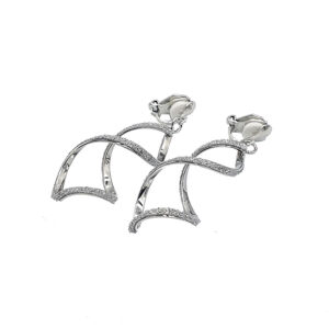 Pair of silver drop earrings with curved arches encrusted with small stones for sparkle.