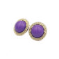 Pair of purple gemstone stud earrings with gold rope-style bezels.