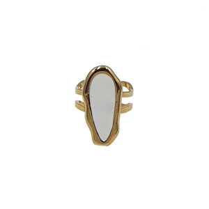 Gold-tone adjustable ring featuring a tall, irregular white stone bezel-set in the center.