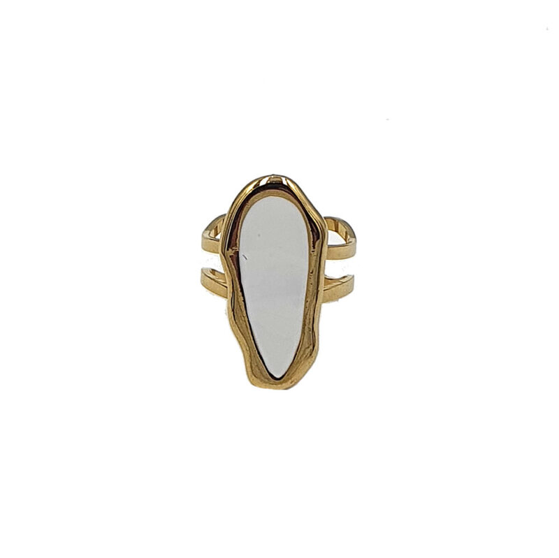 Gold-tone adjustable ring featuring a tall, irregular white stone bezel-set in the center.