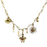 Gold-tone chain necklace with ocean-themed charms: shell, fish, turtle, sun pendant, and a small bead cluster.