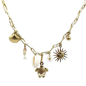 Gold-tone chain necklace with ocean-themed charms: shell, fish, turtle, sun pendant, and a small bead cluster.