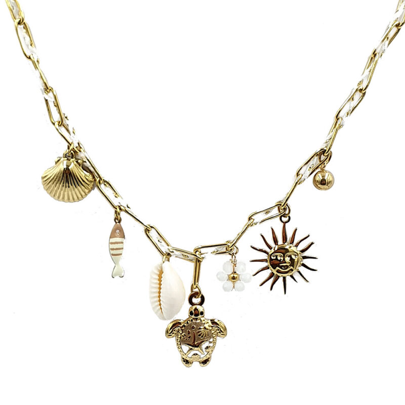 Gold-tone chain necklace with ocean-themed charms: shell, fish, turtle, sun pendant, and a small bead cluster.