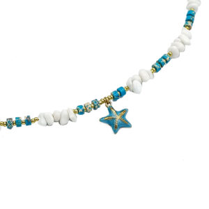 Beaded necklace with white and turquoise beads and a blue starfish pendant on a white background