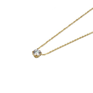 Gold chain necklace with a round-cut diamond pendant (bezel-set). This concise description focuses on the jewelry's function and main details.