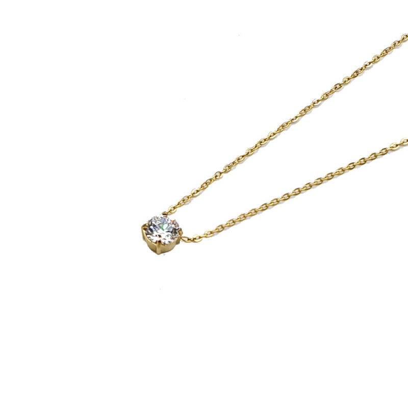 Gold chain necklace with a round-cut diamond pendant (bezel-set). This concise description focuses on the jewelry's function and main details.
