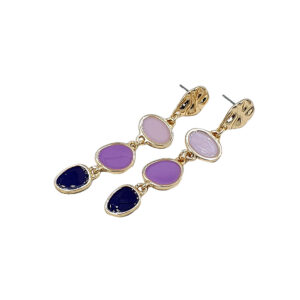 Gold-tone drop earrings with three linked oval lavender, pink, and indigo stones on each earring.