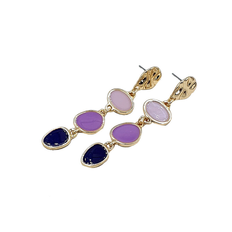 Gold-tone drop earrings with three linked oval lavender, pink, and indigo stones on each earring.