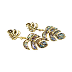 Gold-tone leaf earrings with iridescent abalone shell inlay.