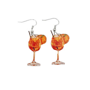 Pair of earrings shaped like orange cocktail glasses on silver hooks, each with a stem and liquid detail.