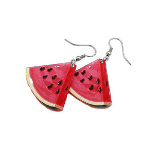 Watermelon slice earrings with silver hooks, pink flesh and black seeds in a pair of dangle earrings.