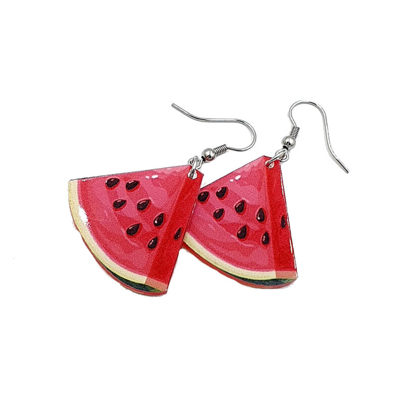 Watermelon slice earrings with silver hooks, pink flesh and black seeds in a pair of dangle earrings.