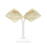 Gold-toned lattice square earrings on a white display stand, pair shown side by side