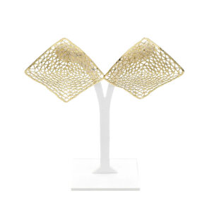 Gold-toned lattice square earrings on a white display stand, pair shown side by side