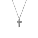Silver chain necklace with a diamond-studded cross pendant hanging in the center of the image