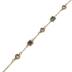 20581_1 - bijouxbijoux Gold chain bracelet with alternating heart-shaped pink stones and square multicolor gemstones on a delicate link chain.