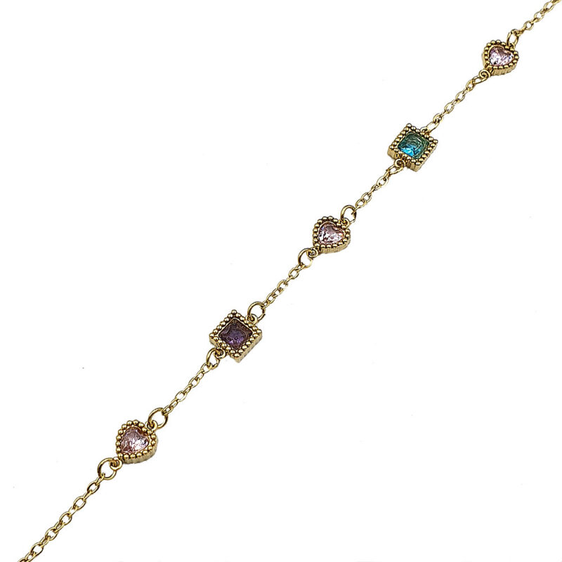 Gold chain bracelet with alternating heart-shaped pink stones and square multicolor gemstones on a delicate link chain.