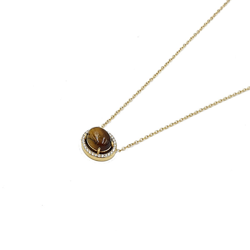 Gold chain necklace with a circular pendant featuring a brown tiger's eye gemstone surrounded by a diamond halo.