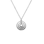 Silver necklace with a pendant of three concentric circles, the bottom arc encrusted with small crystals on a silver chain from behind the neck.