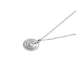 Silver necklace with interlocking circular pendant featuring embedded stones on a delicate chain.