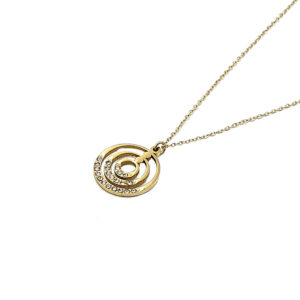 Gold pendant necklace with concentric crystal-encrusted rings on a delicate chain.