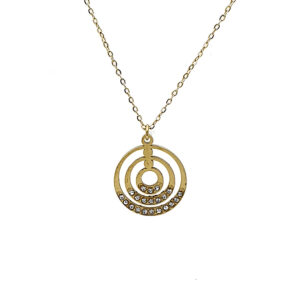 Gold pendant necklace featuring three concentric circles with a row of small diamonds along the bottom arc