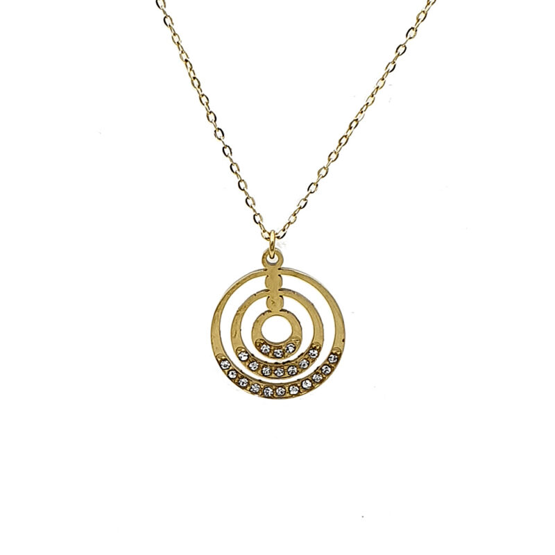 Gold pendant necklace featuring three concentric circles with a row of small diamonds along the bottom arc
