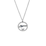 Silver circular pendant necklace with a bejeweled rim, a cursive inscription across the center, and a small blue accent on a silver chain.