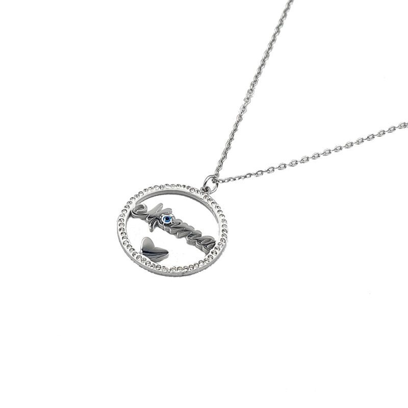 Silver necklace with a circular pendant featuring 'LOVE' inside and a small blue gemstone tail ornament, on a chain.