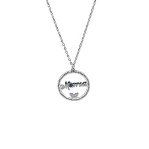 Silver circular pendant necklace with a bejeweled rim, a cursive inscription across the center, and a small blue accent on a silver chain.