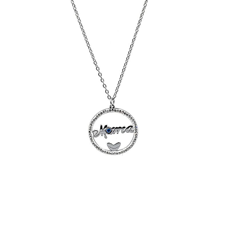 Silver circular pendant necklace with a bejeweled rim, a cursive inscription across the center, and a small blue accent on a silver chain.