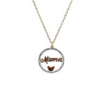 Gold necklace with a circular pendant that spells 'Mama' in brown script, bordered by crystals and a brown heart charm at the bottom.