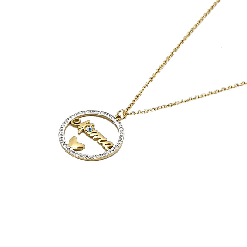 Gold necklace with a circular, crystal-studded pendant spelling 'love' and a small heart charm on a delicate chain.