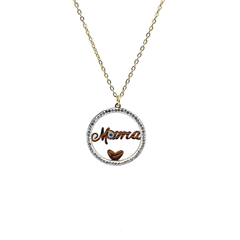 Gold necklace with a circular pendant that spells 'Mama' in brown script, bordered by crystals and a brown heart charm at the bottom.