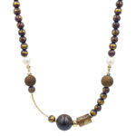 Beaded necklace with purple–gold speckled beads, white pearl bead, and a large central dark gray bead with gold accents.