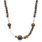Beaded necklace with purple–gold speckled beads, white pearl bead, and a large central dark gray bead with gold accents.