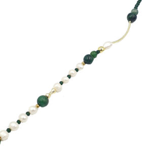 Beaded necklace with white pearls, dark green beads, and small gold spacers on a thin golden chain.