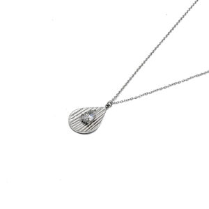 Silver teardrop pendant necklace with a small diamond at the center on a thin chain against a white background.