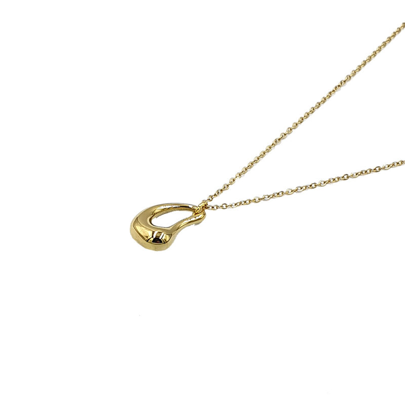 Gold necklace with a small curved lock-shaped pendant on a thin chain.
