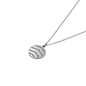 Silver necklace with a round pendant featuring diagonal bands of small crystals on a thin chain