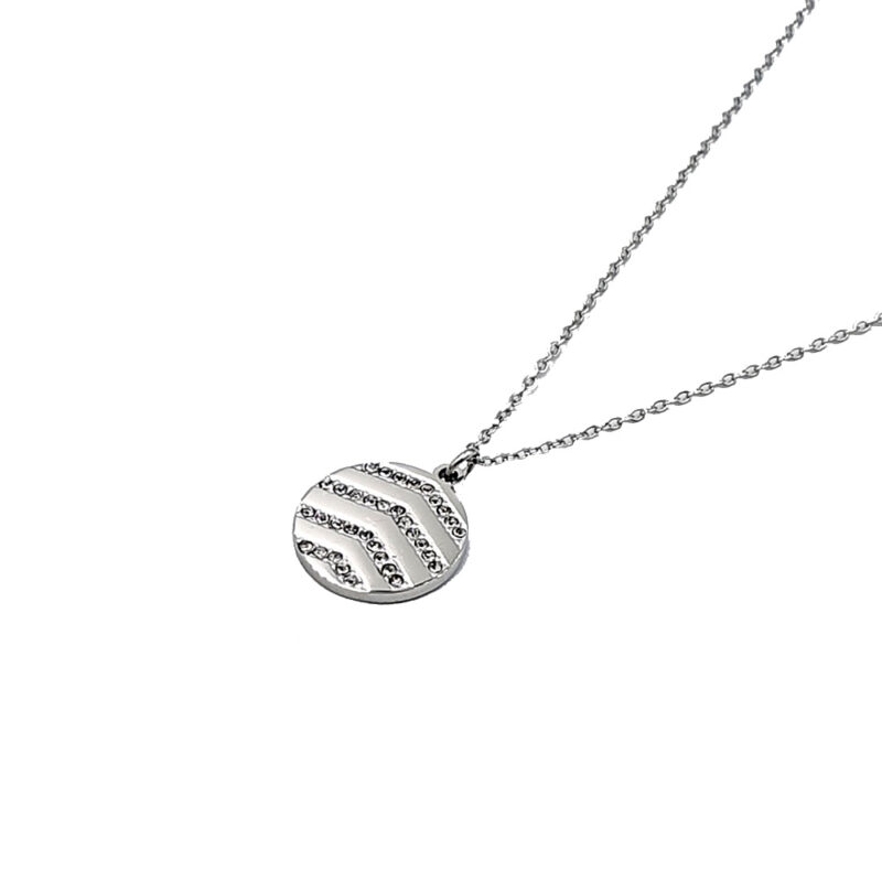 Silver necklace with a round pendant featuring diagonal bands of small crystals on a thin chain